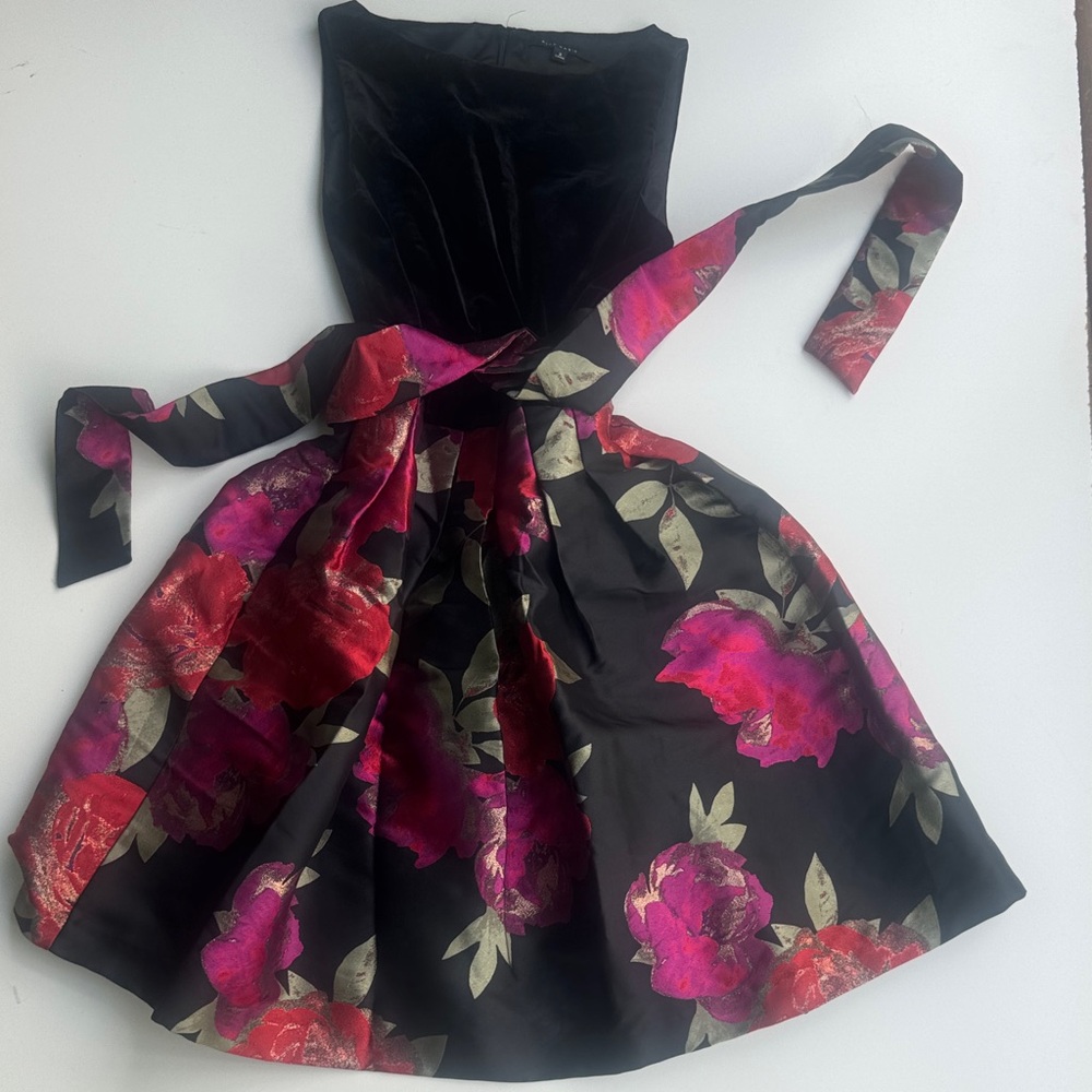 Alex Marie Black Velvet and Pink Floral Brocade Dress